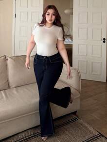 Dazy Plus 深色水洗蓝色弹力修身喇叭牛仔裤，四季皆宜 - 深色水洗藍 - 查看 7