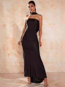 Glamine 绿色修身缎面领口露背摆领前抹胸优雅迷人鱼尾长款舞会礼服 - 黑色 - 查看 5