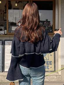 FRIFUL 女士撞色系带荷叶边宽松休闲百搭春季开衫 - 寶藍色 - 查看 2