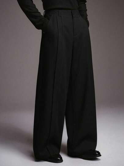 STYNVO メンズ ソリッドカラー トゥースピック ストライプ デザイン ポケット ワイドレッグ ルーズ カジュアルパンツ