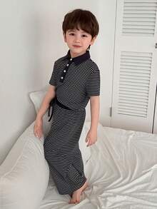 DAZY 男童条纹印花短袖上衣和裤子睡衣套装 - 藏蓝色 - 查看 5
