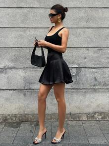 Solid Color A-Line Pleated Short Skirt - Women's College Style - 4 - 查看 4