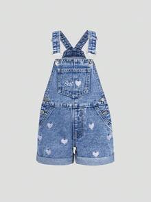 SHEIN Playful Pals 女童牛仔背带裤，春夏新款，浅色水洗牛仔布，休闲可爱风格，心形刺绣裤脚，修身剪裁，舒适棉质牛仔面料，适合日常穿着、上学、通勤。 - 淺色水洗藍 - 查看 4