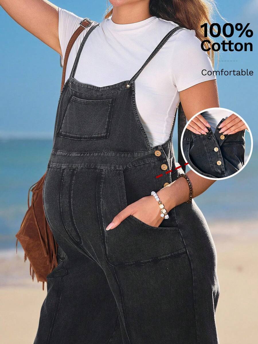 Boho Mama Bộ đồ liền thân đơn giản màu trơn cho bà bầu - màu đen - Xem 1