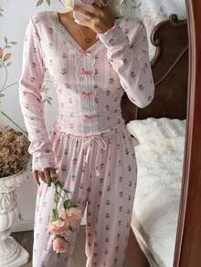 SHEIN 粉色郁金香针织提花印花蕾丝边长袖睡衣套装 - 粉色 - 查看 3