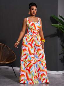 Slaydiva 2025新款春夏度假休闲卡其色鱼骨吊带上衣和阔腿裤两件套，带口袋，纹理面料，大码女式彩色连体裤印花连体裤女式连体裤女式连衣裙阔腿连体裤 - 彩色 - 查看 4