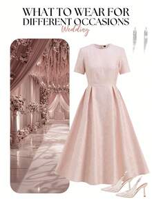 Ellevyn 女士圆领短袖提花纹理面料粉色收腰褶裥A字优雅日常/约会中长连衣裙，早春 - 粉色 - 查看 16