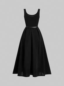 Ellevyn 优雅女士圆领收腰A字中长连衣裙，配条纹披肩两件套，适合通勤、约会、外出、度假、婚礼宾客、晚礼服等场合。 - 黑與白 - 查看 17