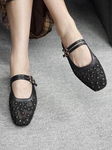 CUCCOO BIZCHIC 女士黑色网纱刺绣雏菊穆勒鞋 - 黑色 - 查看 4