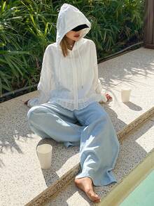 DAZY Women's Solid Color Textured Hooded Loose Long Sleeve Lace Patchwork Casual Vacation Sun Protection Spring/Summer Jacket - White - View 6