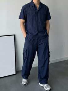 DAZY Men's Solid Blue Short Sleeve Top And Pants Set, Spring/Summer - Blue - View 5