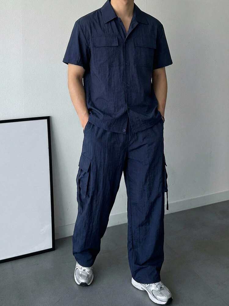 DAZY 男士纯蓝色短袖上衣和裤子套装，春夏款 - 藍色 - 查看 5