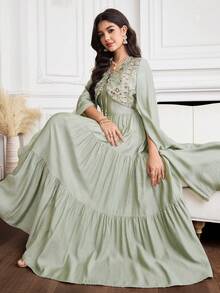 Yasmyna 女士亮片系带流苏设计超长袖褶皱休闲派对阿拉伯蛋糕裙 - 杏色 - 查看 1