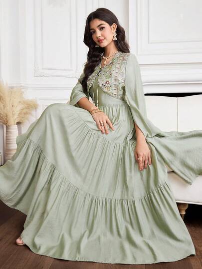 Yasmyna 女士亮片系带流苏设计超长袖褶皱休闲派对阿拉伯蛋糕裙