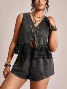 SHEIN LUNE Dark Green,Summer,Boho,Holiday Women's Plus-Size Cotton 2pcs Set:Snowflake Washed Babydoll Sleeveless Tie Front Peplum Top & Elastic Waist Shorts Set - Black - View 4
