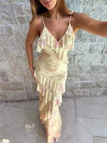 Aloruh Đầm đi biển dáng ôm thanh lịch dành cho nữ, có viền bèo nhún và họa tiết hoa. - Nhiều màu - Xem 7