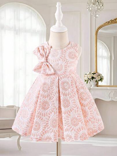 Glamorique Kids 女婴可爱提花粉色圆领无袖蝴蝶结装饰公主裙，适合一周岁生日派对、表演、花童、节日、聚会、日常穿着，四季皆宜。