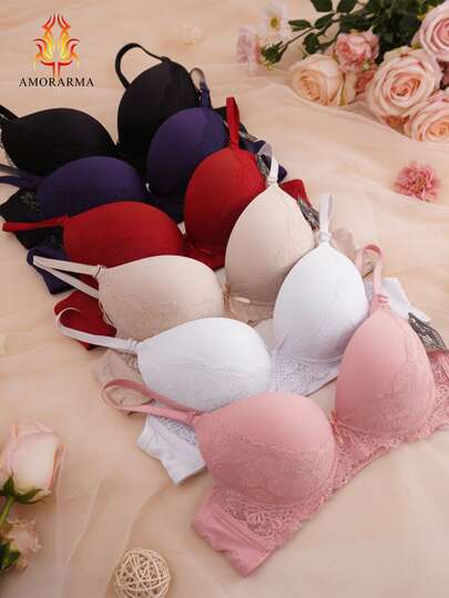 Sujetador diario para mujer talla B, con armazón, diseño de encaje combinado, efecto reductor y sostenimiento, 6 unidades en 6 colores