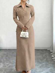 Women's Elegant Solid Color 3D Floral Knit Dress, Autumn/Winter - Khaki - View 3