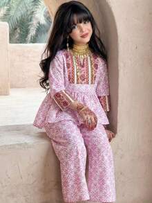 Young Girl Elegant Patchwork Retro Pattern Ruffle Hem Shirt & Pants Set - Multicolor - View 1