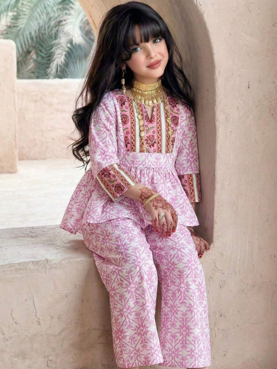 Young Girl Elegant Patchwork Retro Pattern Ruffle Hem Shirt & Pants Set - Multicolor - View 1