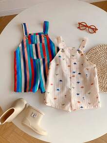 SHEIN 2pcs/Set Newborn Baby Unisex Casual Cute Striped Strap Romper 2-Piece Outfit, Summer - Multicolor - View 6