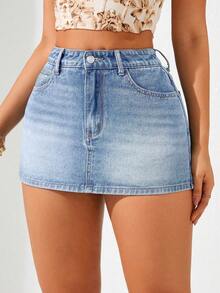 SHEIN Privé 夏季休閒修身迷你牛仔裙 - 淺色水洗藍 - 查看 6