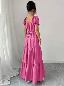 Elenzga Vestido largo elegante para mujer con cuello único, patchwork multicapa, ribete de volantes, diseño estilizante con capas escalonadas, para días festivos, estilo bohemio, romántico y casual de vacaciones - Rosa - Ver 2