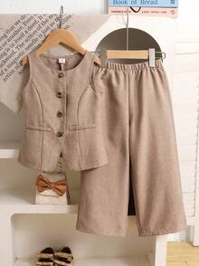 SHEIN Young Girl Commuter Casual Solid Woven Sleeveless Crew Neck Top And Straight Leg Pants Set, French Chic Elegant Formal - Khaki - View 7