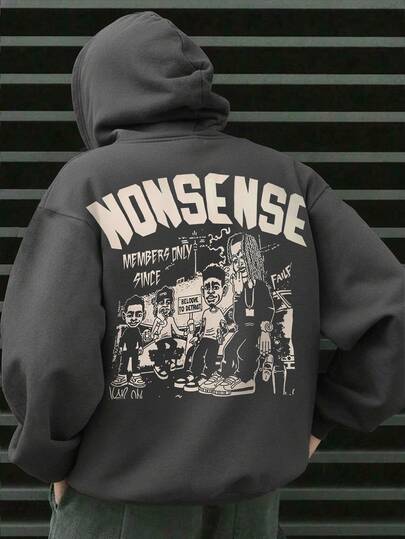 Manfinity Dauomo Men's Casual Pullover Hoodie, Colorblock Design, Zipper Closure, Graphic Print With English Letters And Portrait, Versatile Streetwear, Autumn/Winter