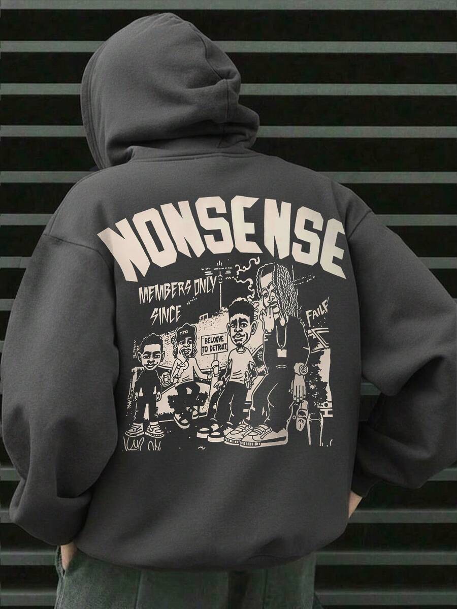 Manfinity Dauomo Áo hoodie nam kiểu dáng thường ngày, thiết kế phối màu, khóa kéo, in hình chữ cái tiếng Anh và chân dung, phong cách đường phố đa năng, thích hợp cho mùa thu/đông. - Màu xám đen - Xem 1