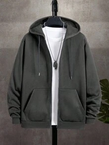Manfinity Dauomo Áo hoodie nam kiểu dáng thường ngày, thiết kế phối màu, khóa kéo, in hình chữ cái tiếng Anh và chân dung, phong cách đường phố đa năng, thích hợp cho mùa thu/đông. - Màu xám đen - Xem 2