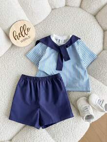 男婴可爱休闲条纹短袖T恤短裤套装（2件套），藏蓝色 - 彩色 - 查看 3