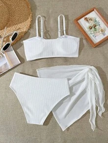 SHEIN Bộ bikini sọc trắng cho bé gái tuổi teen với họa tiết sao biển vàng, yếu tố ngọt ngào cổ điển cho kỳ nghỉ biển, món đồ bắt mắt cho bé gái tuổi teen - trắng - Xem 2