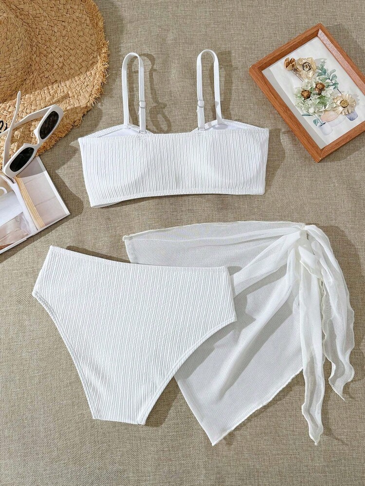 SHEIN 少女白色罗纹比基尼套装，饰有金色海星图案，复古甜美元素，适合海滩度假，吸睛单品，少女必备 - 白色 - 查看 2