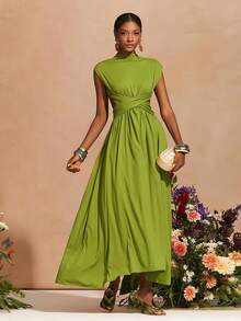 Zivah 2026春夏新款音乐节、复活节、圣帕特里克节、情人节、约会、西部风、游牧风、生日派对、毕业典礼、大学、波西米亚风、通勤、早午餐、机场、派对 V领短袖褶皱腰A字长裙，露背设计，不对称下摆，绿色 - 綠色 - 查看 3