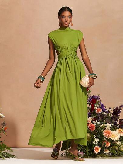 Zivah 2026 Frühling/Sommer Neues Musikfestival, Ostern, St. Patrick's Day, Valentinstag, Date, Western, Nomadisch, Geburtstagsfest, Abschlussfeier, Uni, Boho, Pendeln, Brunch, Flughafen, Party V-Ausschnitt Puffärmel Geraffter Taille A-Linie Langes Kleid mit Rückenausschnitt und asymmetrischem Saum in Grün