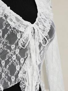 SHEIN ICON 2026 Noutate Sosire Femei Floral Lace Patchwork Ruffle Hem Față Cravată Mânecă Evazată Top La modă Cămașă Transparentă din Dantelă, Topuri pentru Ieșiri în oraș, Tricou Transparent de Festival Femei Alb Din Dantelă Covoraș - alb - Vizualizare 7