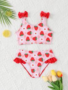 少女可爱休闲红色草莓印花泳装套装，肩部饰有红色蝴蝶结，适合度假，开启夏日时尚之旅。 - 紅色 - 查看 3
