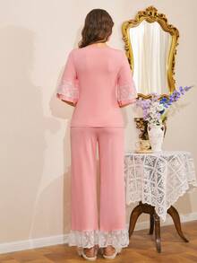 French Romantic Elegant Lace Patchwork Palace Style Long Sleeve Women Pajama Set - Dusty Pink - View 2