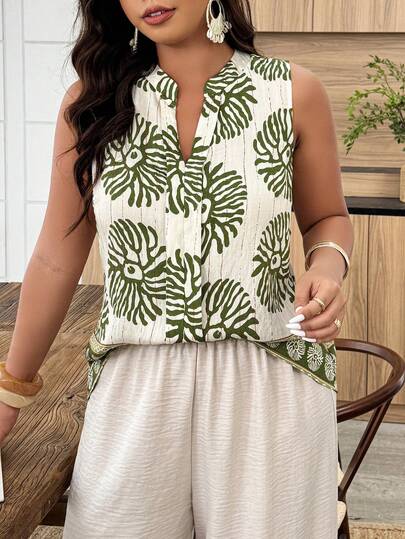Weeklong Plus Size Women's Casual Round Neck Sleeveless Random Print Shirt, Suitable For Vacation And Daily Wear, Spring/Summer