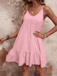 SHEIN VCAY Summer Casual Solid Color Ruffle Strap Dress - Baby Pink - View 3