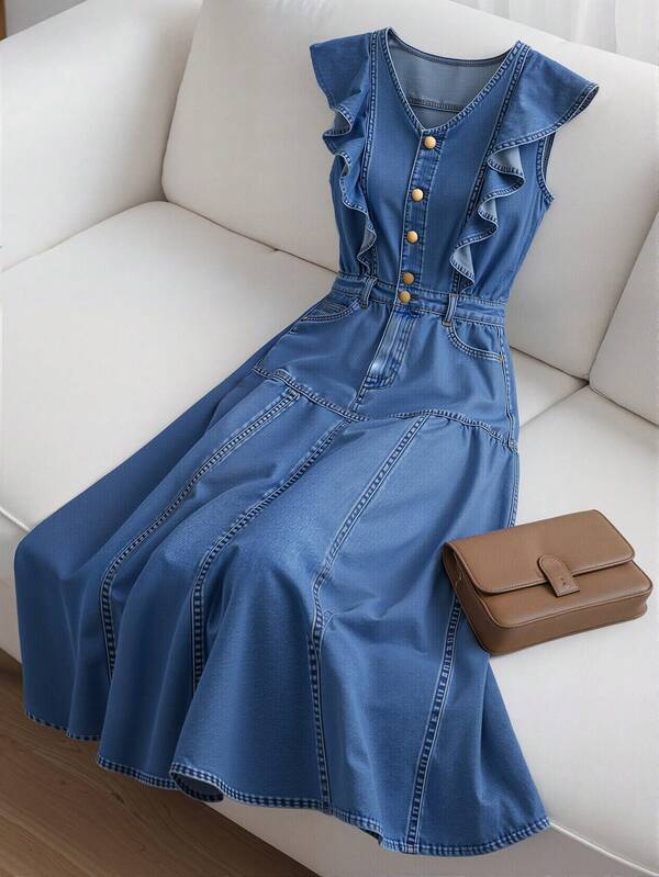 GlowEve Women's Casual Button-Up Ruffle Hem Denim Dress, Summer