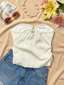 INAWLY Starfish Decor Pleated Bandeau Top For Women,White Gold,Summer,Casual,Vacation,Holiday Beach Cute Conservative Bustier Tube Top Summer - White - View 2