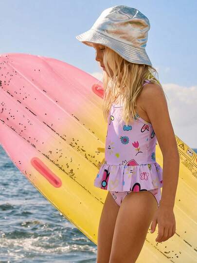 SHEIN 少女随机印花荷叶边细肩带比基尼泳衣，适合夏季海滩度假