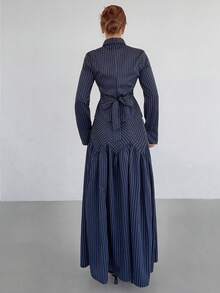 Siren Gaze 藏蓝色条纹通勤衬衫裙套装，秋冬款 - 藏蓝色 - 查看 2