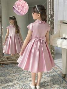 SHEIN Tween Girl Casual Elegant 3D Floral Collar Waist Cinched Dress, Princess Dress, Pink Party Dress Suitable For Party, Wedding, Holiday, Pink Dress, Wedding Season, Birthday Party, Valentine's Day, Pink Flower Collar Dress, Pink Puffy Dress Girls, Pink Formal Dress For Kids, Elegant Pink Dress Kids, Girls Collared Dress - Pink - View 2