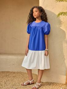 Tween Girls Casual Cute Vacation Midi Dress, Blue & White Patchwork With Bow Back, Sundress - Multicolor - View 2