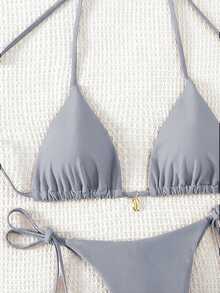 Swim Basics 女士纯色褶皱比基尼套装，海滩度假 - 銀色 - 查看 6