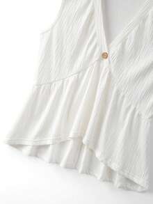 Franclia 女士V领单排扣荷叶边下摆无袖休闲/工作/约会/日常穿着上衣，优雅百搭 - 白色 - 查看 4